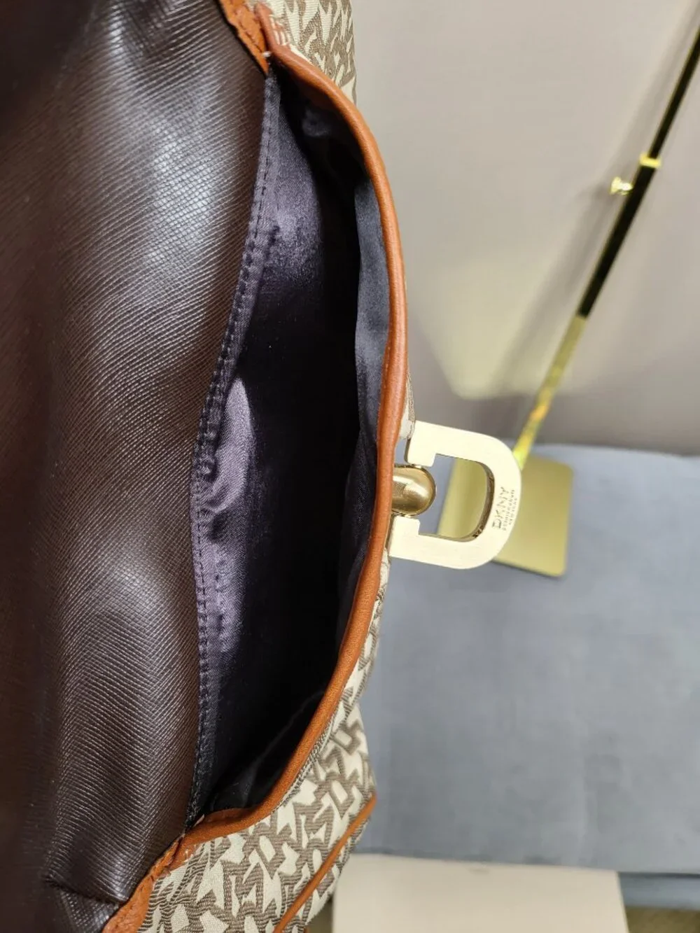 DKNY Signature Logo Jacquard Convertible Shoulder Crossbody Bag Tan Brown